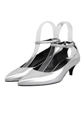 Celine Pointed Toe Ankle Strap Pumps Shoes Silver